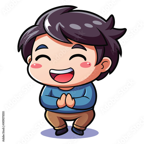 Happy cartoon boy in a squat position