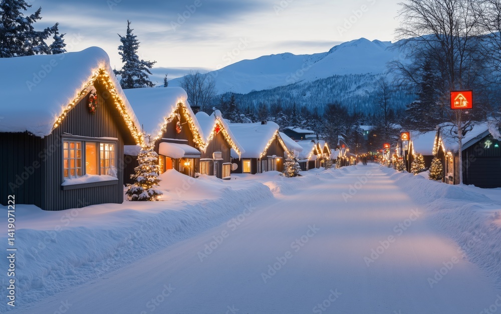 Fototapeta premium A Winter Wonderland Village: Cozy Snow-Covered Houses Illuminated by Christmas Lights , winter photo series