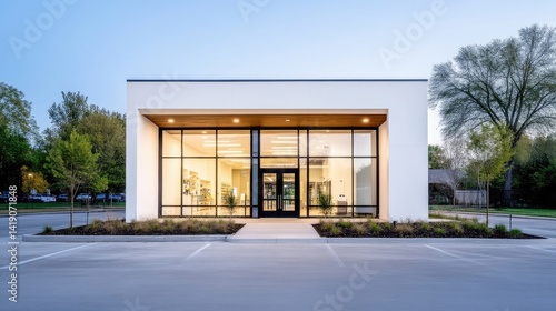 Wallpaper Mural Modern minimalist office building with large glass windows reflecting evening light, surrounded by well-maintained landscaping and trees, and serene business environment. Torontodigital.ca