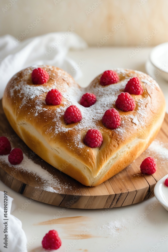 Heart Shaped Raspberry Bread with Powdered Sugar on Wooden Board Heart Shaped Raspberry Bread with Powdered Sugar on Wooden Board
