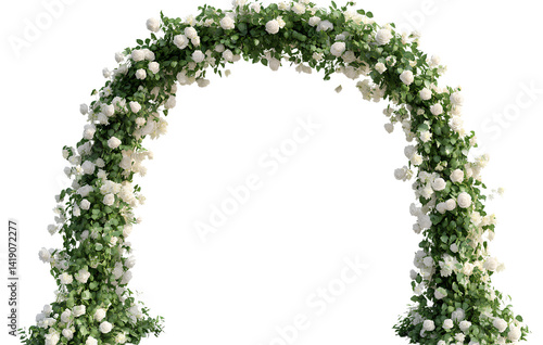 A wedding arch made of white and green flowers, transparent background