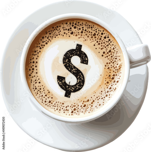 Cup of black coffee, product photography style, top view, lawyer drawing on dollar sign representing increase in coffee price. Product image, coffee shop, economy, inflation. Caffeine.
