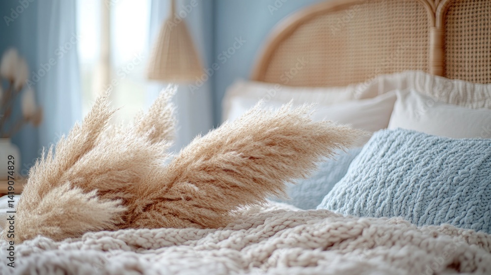 Cozy bedroom with light beige knit blanket, light blue pillows, and pampas grass Cozy bedroom with light beige knit blanket, light blue pillows, and pampas grass