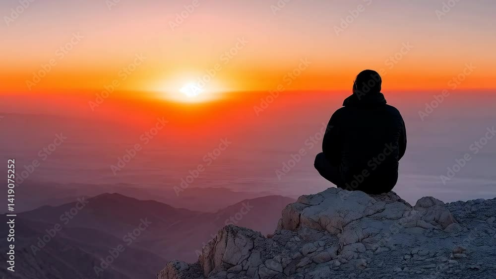 Tranquil moment of a person sitting on a majestic mountain peak overlooking breathtaking scenic landscape below Tranquil moment of a person sitting on a majestic mountain peak overlooking breathtaking scenic landscape below