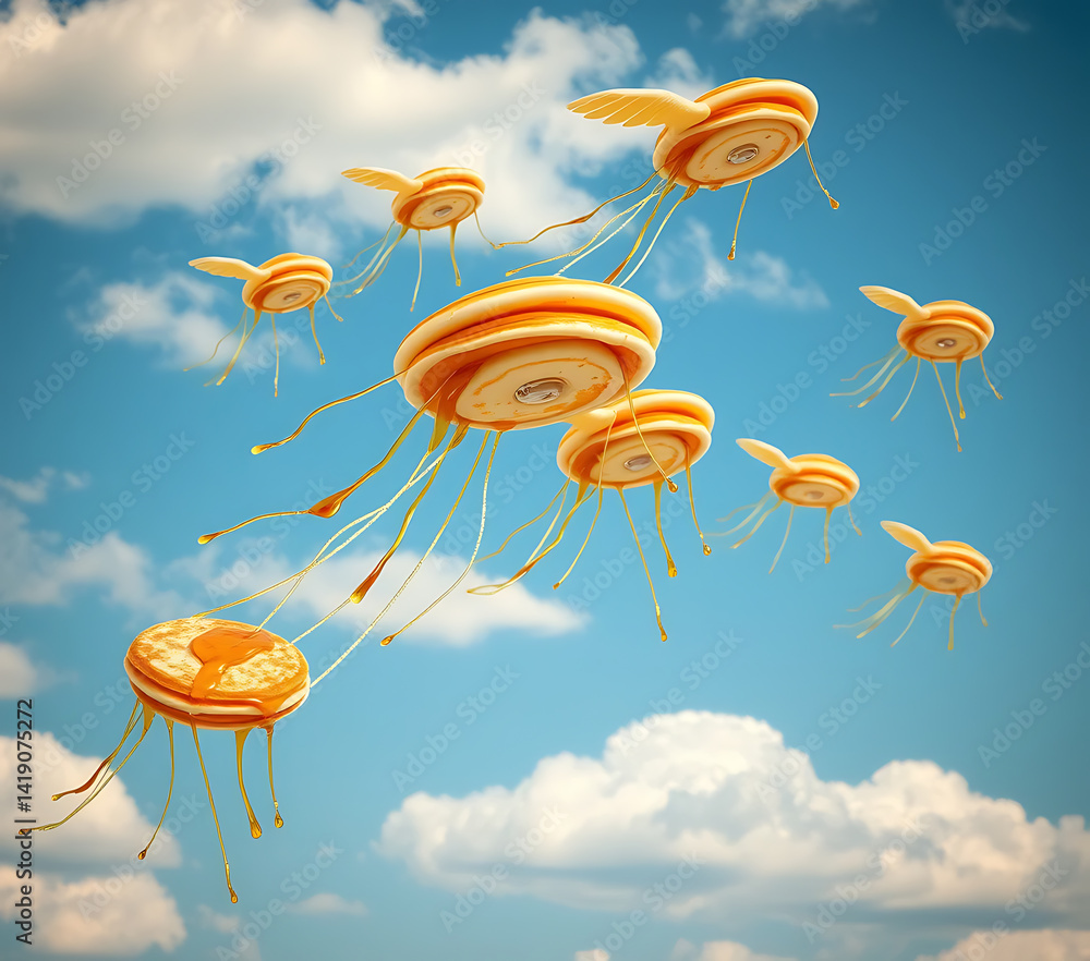A surreal scene of translucent jellyfish gracefully drifting through a clear blue sky, their tentacles trailing like delicate ribbons in the gentle breeze.