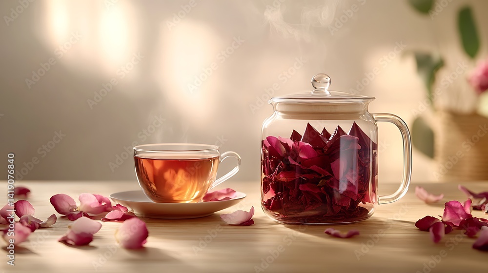 A sleek, modern tea setup featuring a glass jar filled with pyramid-shaped red sorrel tea bags, placed beside a steaming glass teacup and scattered petals on a light wood table.