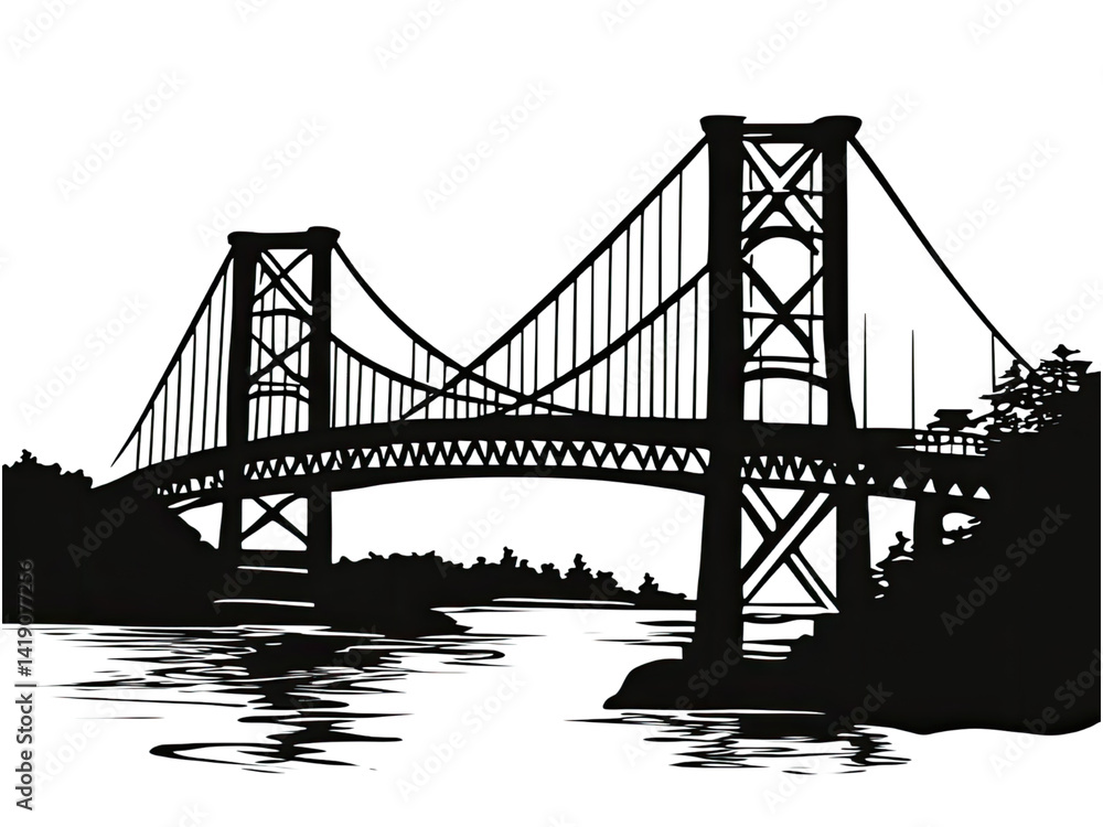 Fototapeta premium Majestic Suspension Bridge at Nighttime: A Black and White Sketch of Architectural Marvel