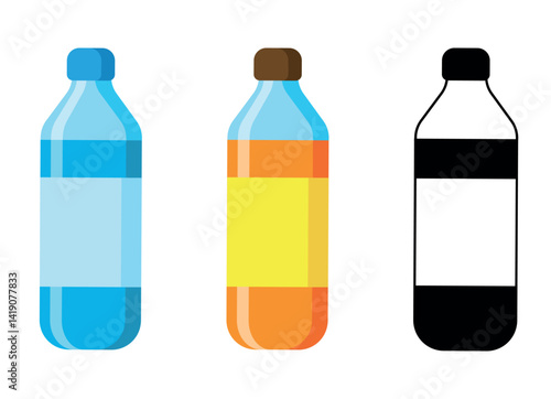 Plastic Beverage Bottle Icons Set Featuring Water Juice and Silhouette Designs