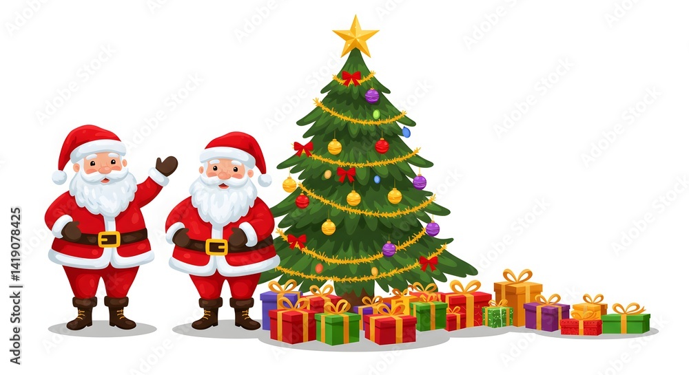 Fototapeta premium A joyful cartoon clipart of a Christmas scene with Santa Claus delivering gifts under a decorated tree, surrounded by snowflakes.