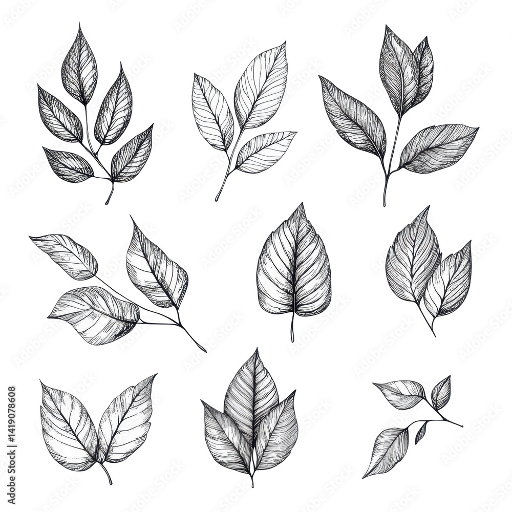 Obraz premium Handdrawn leaves collection isolated on white background showcasing intricate details and textures, handdrawn leaves isolated on white background