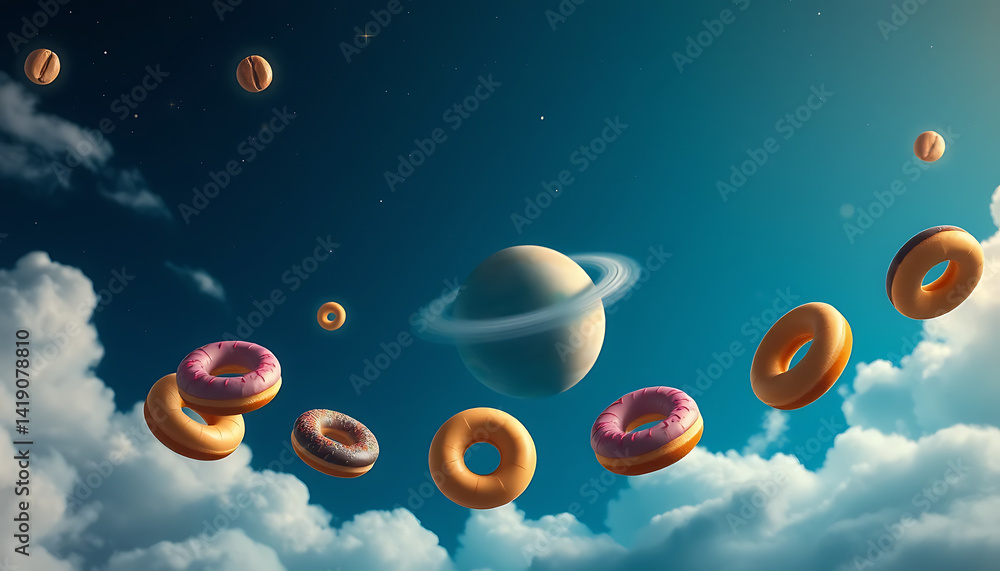 A whimsical scene of colorful donuts with sprinkles soaring through a bright blue sky, surrounded by fluffy white clouds, creating a playful and surreal atmosphere.