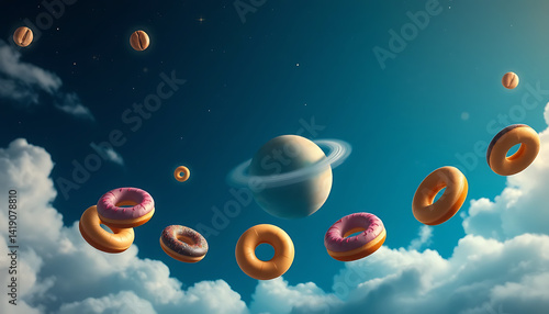 Obraz na płótnie A whimsical scene of colorful donuts with sprinkles soaring through a bright blue sky, surrounded by fluffy white clouds, creating a playful and surreal atmosphere. w salonie