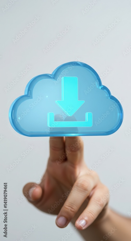 User Selecting Holographic Download Icon Cloud Interface User Selecting Holographic Download Icon Cloud Interface
