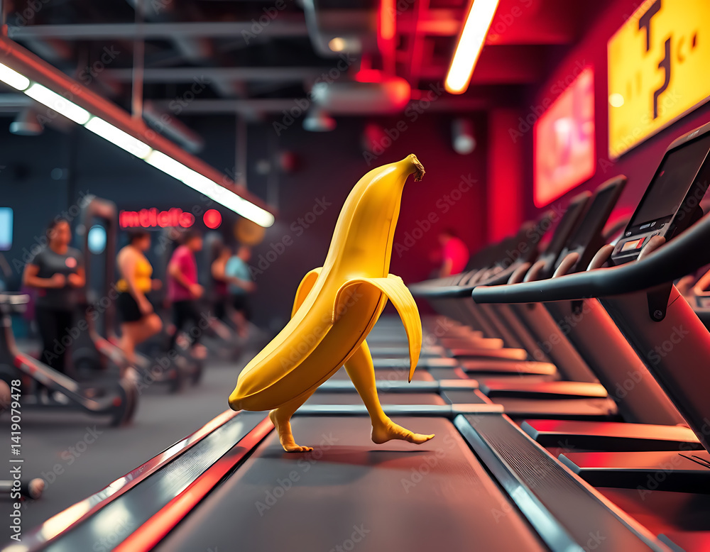 A ripe yellow banana placed on a moving treadmill in a gym setting, with the treadmill's digital display showing speed and distance, surrounded by exercise equipment.
