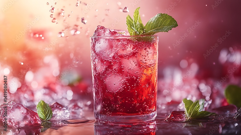 Dynamic pour of red sorrel syrup into a fizzy soda glass with visible bubbles, crushed ice, and mint leaves, styled on a marble countertop with strong directional lighting and splash motion blur. Dynamic pour of red sorrel syrup into a fizzy soda glass with visible bubbles, crushed ice, and mint leaves, styled on a marble countertop with strong directional lighting and splash motion blur.