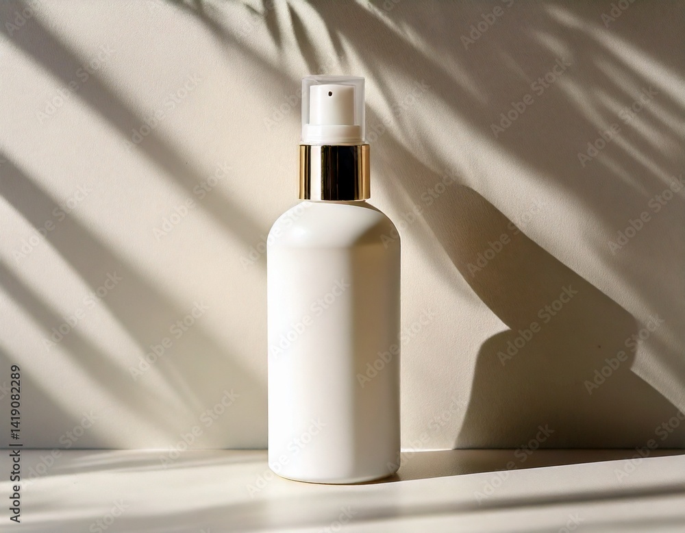 Clean cosmetic bottle mockup on white background with natural shadows, minimalist branding Clean cosmetic bottle mockup on white background with natural shadows, minimalist branding