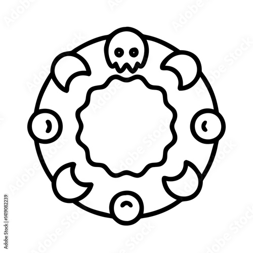 Halloween wreath vector graphic with skull and moon phases for spooky season decorations design