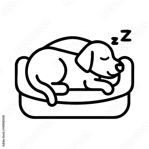 Sleeping dog illustration: cute puppy asleep in dog bed, pet nap time, cartoon animal drawing, zzz