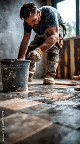 A tiler carefully positions tiles on a bathroom floor, surrounded by a bucket of adhesive and various tiling tools. The work focuses on achieving precision and quality in the renovation process