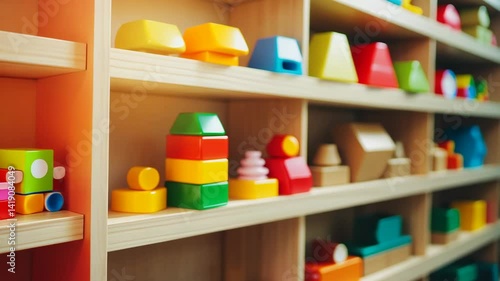 Wallpaper Mural Colorful wooden blocks on shelf  educational toy storage for children Torontodigital.ca