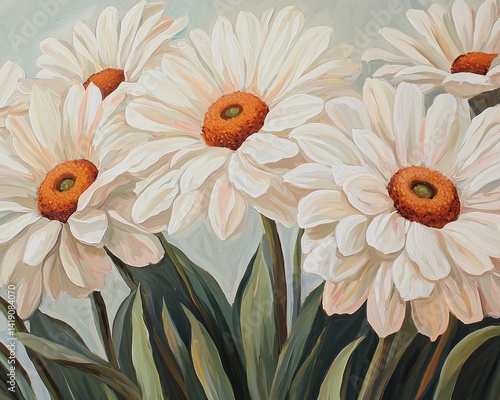 Beautiful White Daisies on Soft Background with Vibrant Green Leaves