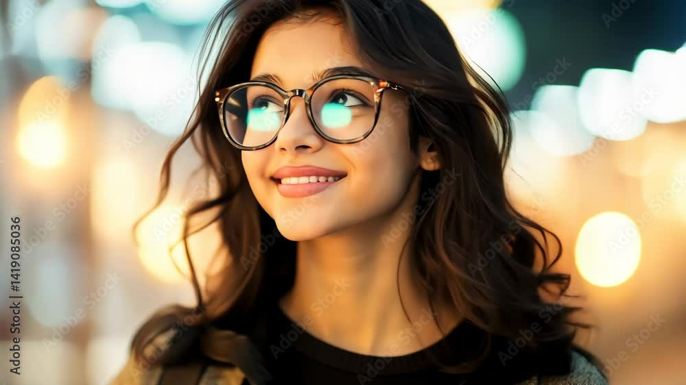 Young hispanic female enjoying vibrant city lights at night Young hispanic female enjoying vibrant city lights at night