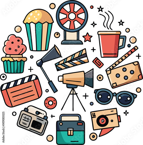 Movie icons set vector illustration with popcorn and cinema symbols for web design