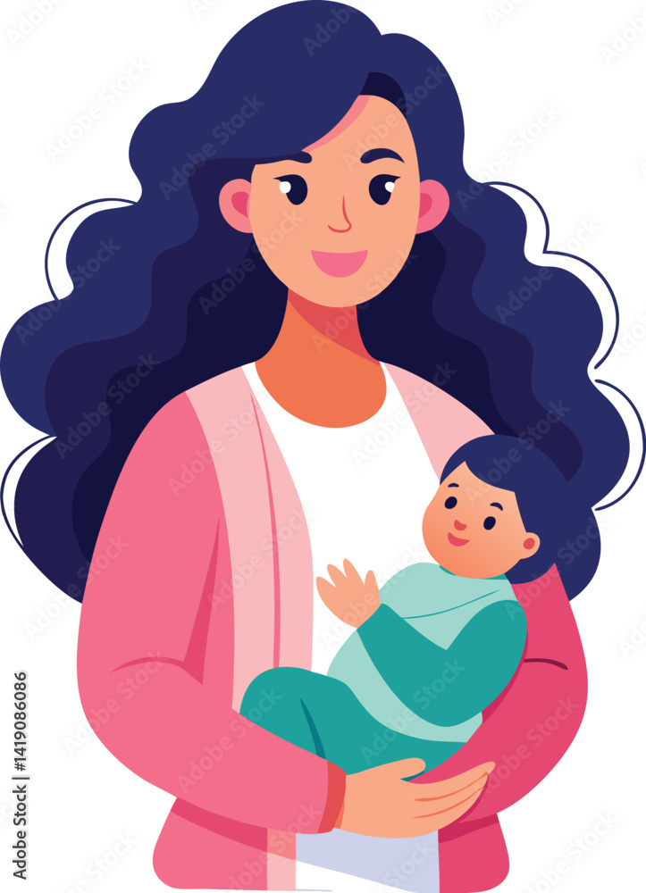 A loving mother and her baby, depicted in a charming cartoon illustration, share a tender moment A loving mother and her baby, depicted in a charming cartoon illustration, share a tender moment