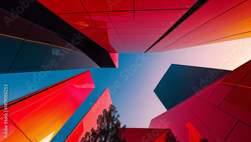 Modern red and black skyscrapers reaching for the sky