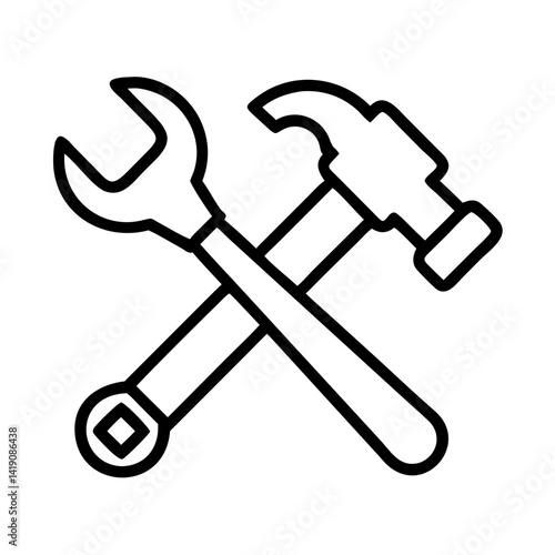 Wrench and hammer crossed outline vector icon for repair construction maintenance handyman service tools