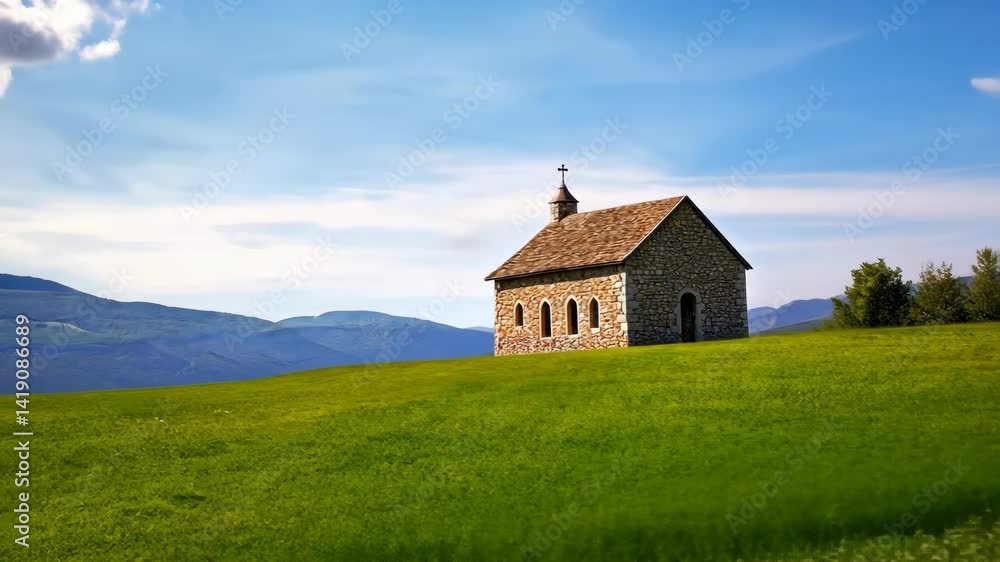 Tranquil countryside chapel with mountain backdrop in blooming field Tranquil countryside chapel with mountain backdrop in blooming field