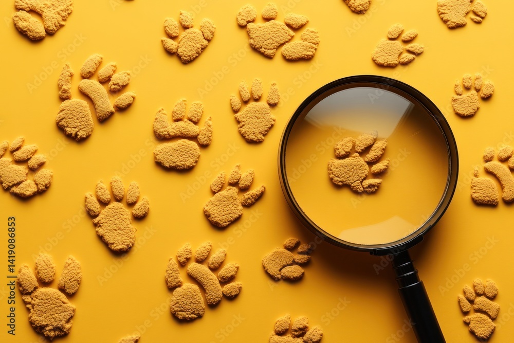 Magnifying glass focusing on animal paw prints on vibrant yellow background pet tracking search concept Magnifying glass focusing on animal paw prints on vibrant yellow background pet tracking search concept