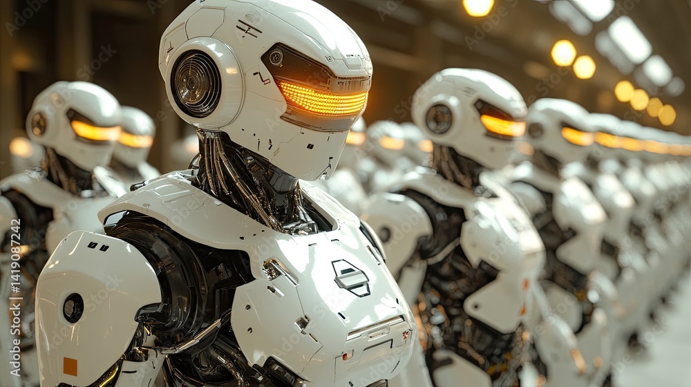 Fototapeta premium Rows of futuristic white robots stand in a factory setting.