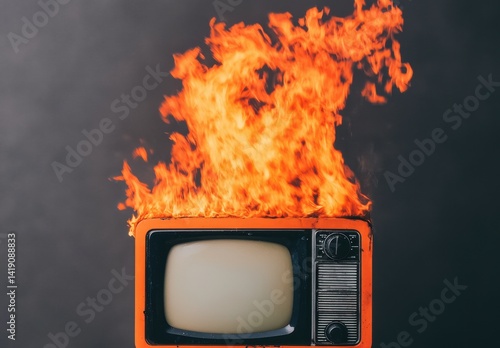 Wallpaper Mural Vintage Television Set on Fire with Bright Flames and Smoke Background Torontodigital.ca