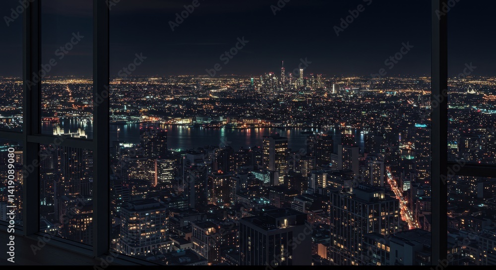 Obraz premium Night City Lights View From Highrise Window