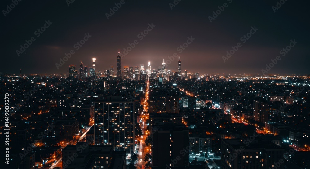 Obraz premium Night City Skyline Aerial View