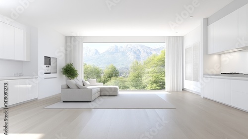 Modern, bright living area with panoramic mountain views.  Spacious, minimalist design featuring a comfortable sectional sofa, white cabinetry, and large windows showcasing the outdoor scenery