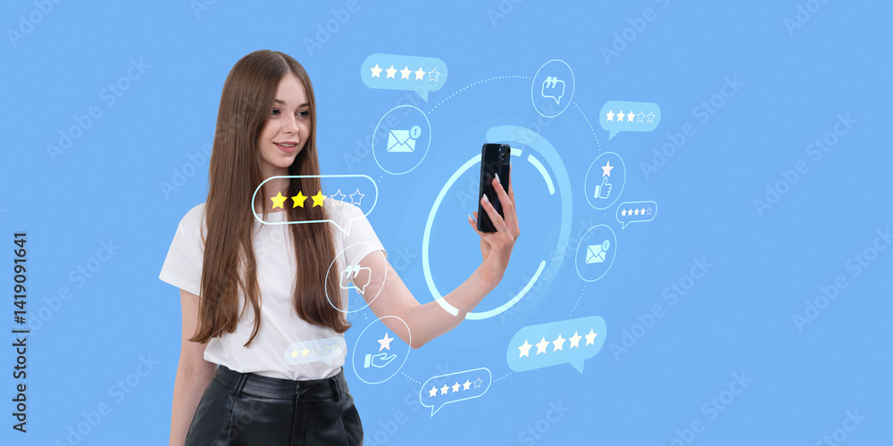 Smiling young woman taking selfie with digital rating icons arou Smiling young woman taking selfie with digital rating icons arou