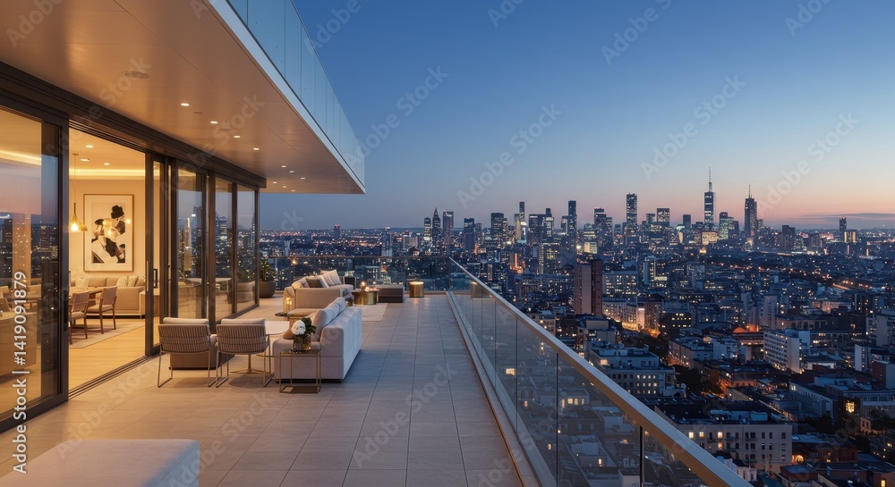 Naklejka premium Night Cityscape View from Modern Penthouse Terrace