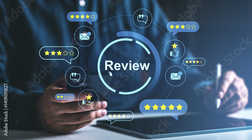 Foto User review interface with star ratings and feedback icons on digital screen