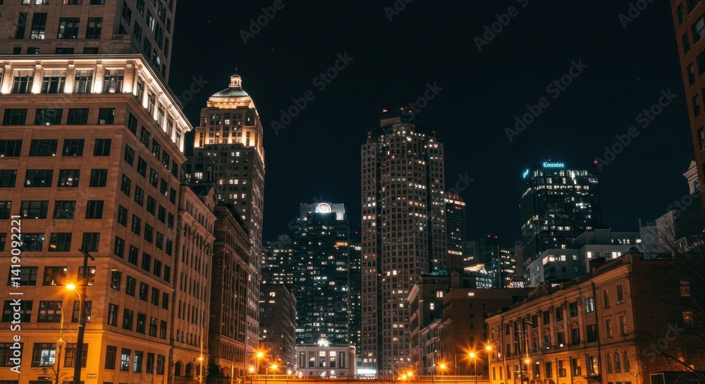 Obraz premium Night Cityscape with Illuminated Buildings