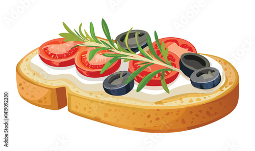 Slice Bread with Tomato and Olive Herbs - Vector Illustration