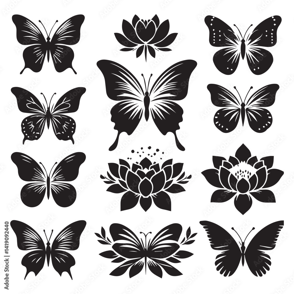Obraz premium Butterfly Silhouette Vector Collection – Elegant Black Insect Icons for Nature, Spring, and Decorative Designs