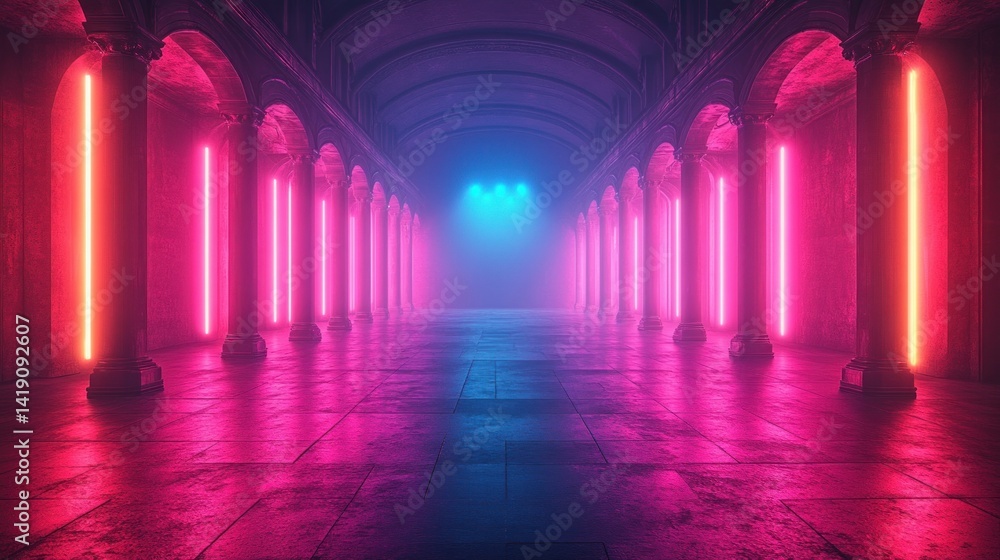 Obraz premium Empty stage with vibrant neon pink and blue lighting beams spotlight smoke futuristic cyberpunk concert event atmosphere