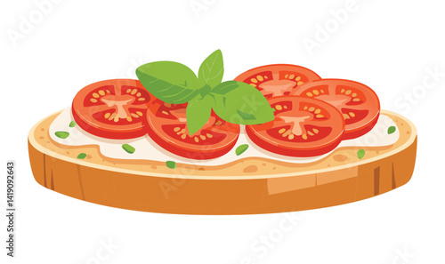 Slice Bread Tomato and Basil - Vector Illustration