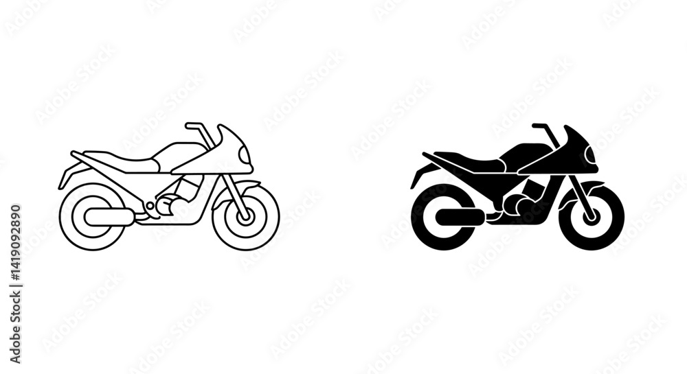 Fototapeta premium Two distinct sport motorcycle vector icons one outlined and one solid black illustration