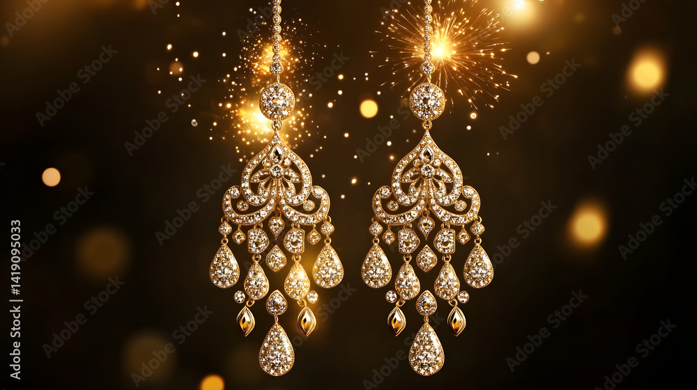 Fototapeta premium Elegant gold chandelier earrings adorned with shimmering diamonds, radiating luxury against a festive backdrop.