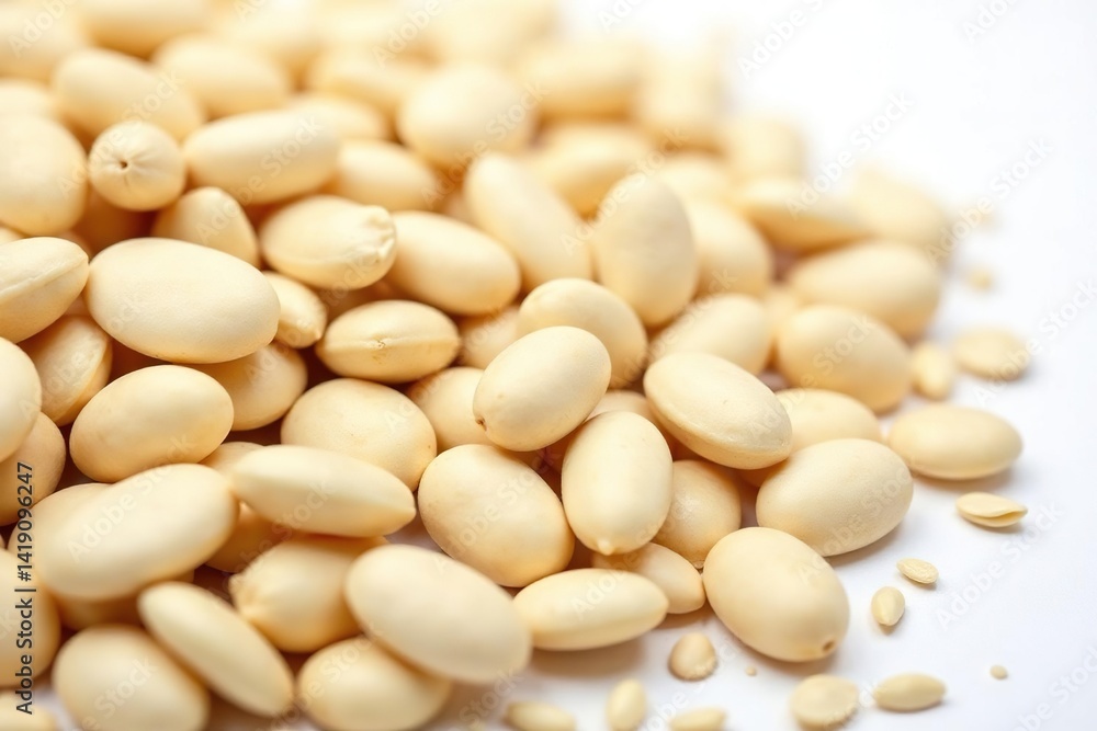Close-up of dry white beans against stark white backdrop, texture, food texture, white beans Close-up of dry white beans against stark white backdrop, texture, food texture, white beans