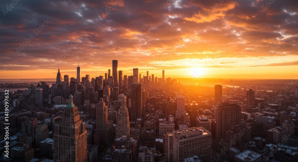 Fototapeta premium Orange and Yellow City Sunset Skyline