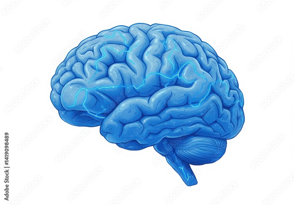 Blue brain with lightning illustration on white background Blue brain with lightning illustration on white background